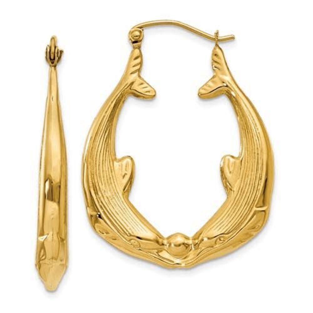 14k Polished Dolphin Hoop Earrings, Brand New